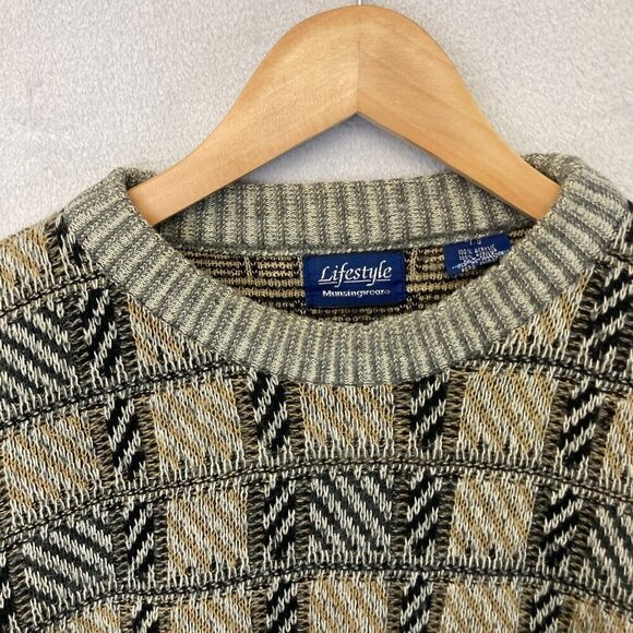 Vintage Lifestyle Munsingwear Knit Sweater Mens Large L Tan Plaid Grandpa Dad - Picture 6 of 15